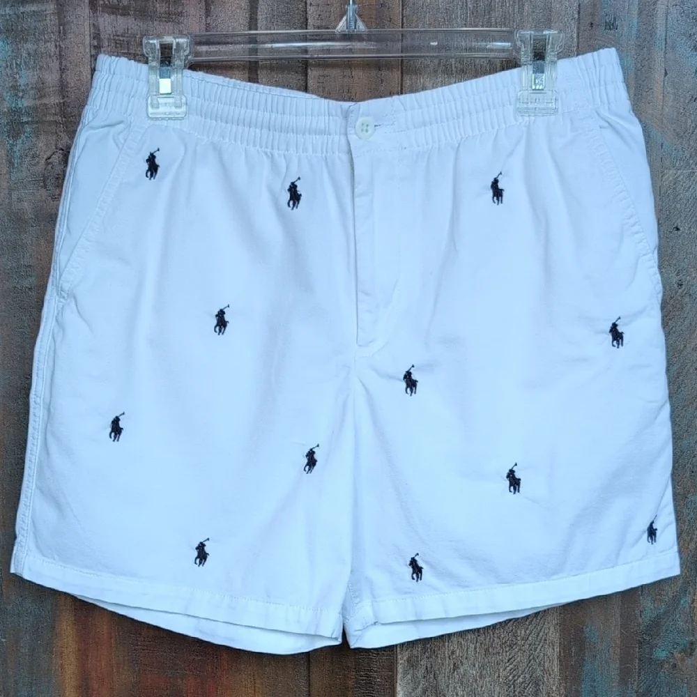 Polo Ralph Lauren White Cotton Chino Preppy Shorts w/ Navy Pony Print - Boys 20 - Picture 1 of 5